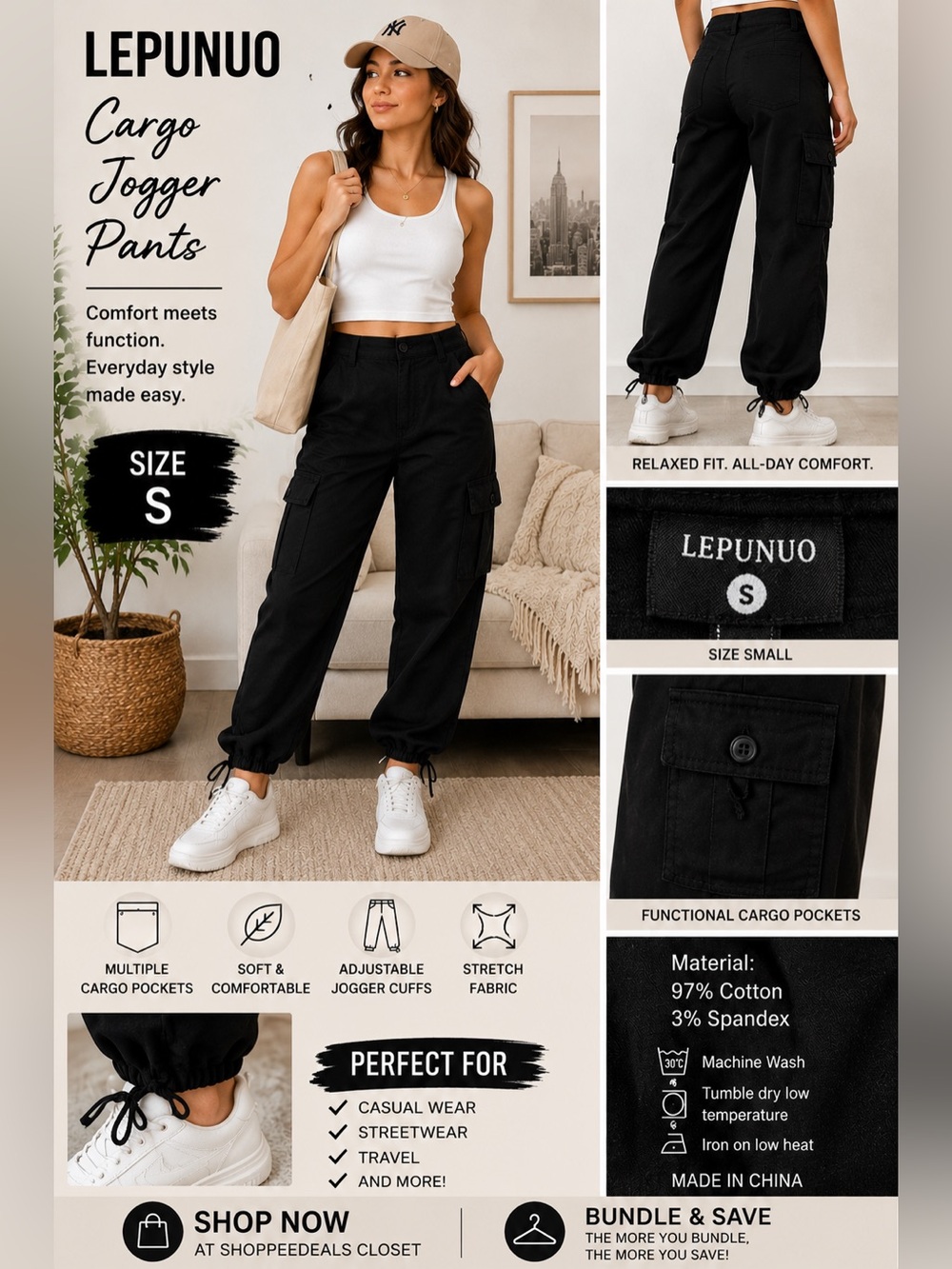 Lepunuo Black Cargo Jogger Pants Women’s Size S